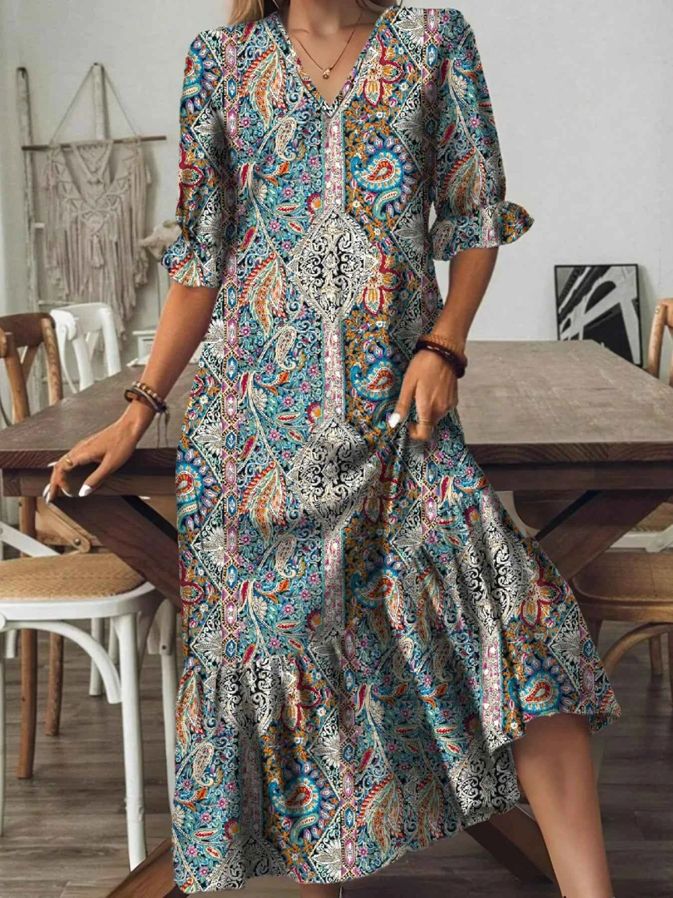 Full Size Bohemian Paisley Print V-Neck Midi Dress Plus Size