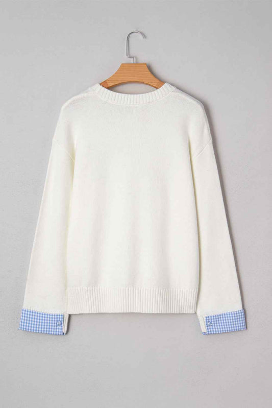 White Plaid Heart Embroidered Cuffed Drop Shoulder Crew Neck Sweater 87302bc39e3fa5fe