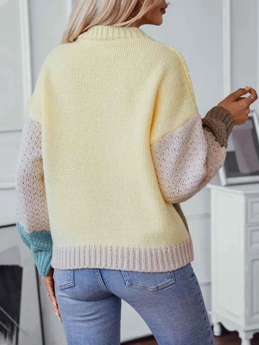Color Block Round Neck Dropped Shoulder Sweater 87302cfd-7236-482c-82b3-5458ee636c61-Max