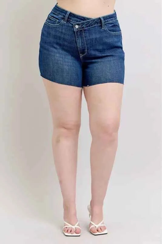 Judy Blue Plus Size High Waist Criss-Cross Waistband Denim Shorts 8731110b503147e285221b6b26f53078-Max-Origin