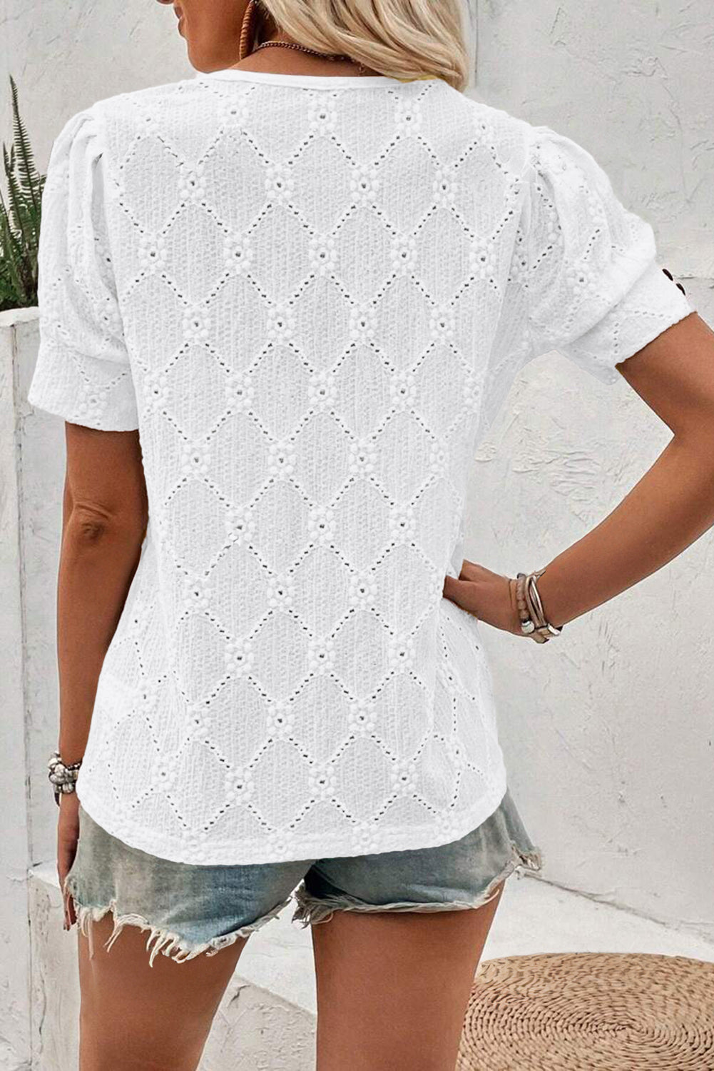 White Embroidered Floral Geometric Button Short Sleeve Top 87356f62a1379f62