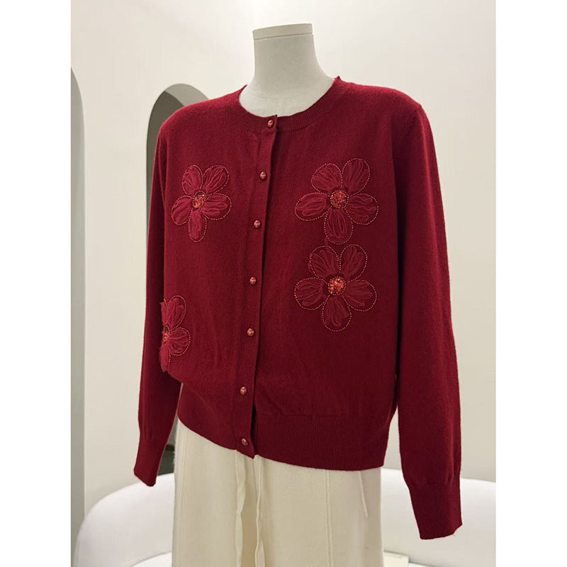 The Sculpted Floral-Detail Wool Cardigan Red 87381E03E4085174616F17BCB4BF3372