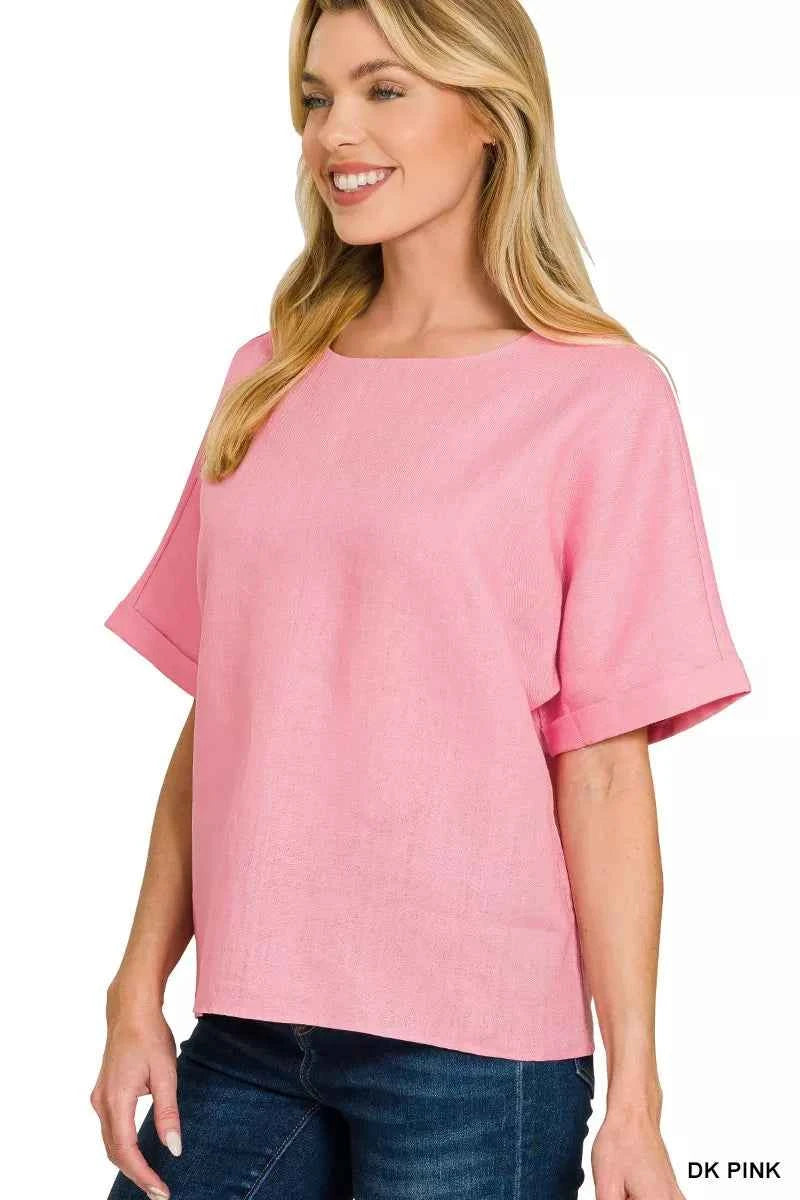 Zenana Linen Round Neck Cuffed Sleeve Top 873f01f4ba284cac814301c54a5fbec0-Max-Origin