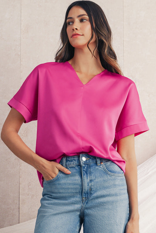 Bright Pink Plain V-Neck Dolman Sleeve Loose Top 8743d79d4b12b1c0