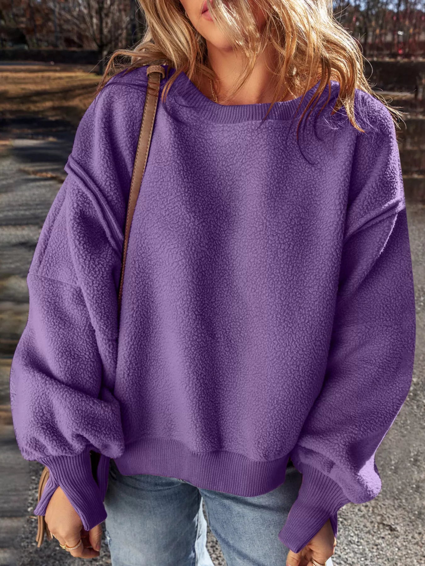 Round Neck Dropped Shoulder Sweatshirt Purple 874c795a7aeb433aa166587f84d77989-Max-Origin