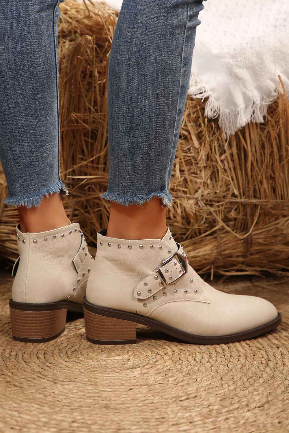 White Faux Leather Studded Pointed Toe Block Heel Ankle Boots 875509e8d339702c