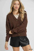 Umgee Chunky Cable Knit V-Neck Button-Up Cardigan Brown 87574113-4b97-42a3-ba80-29785c97229e-Max-Origin