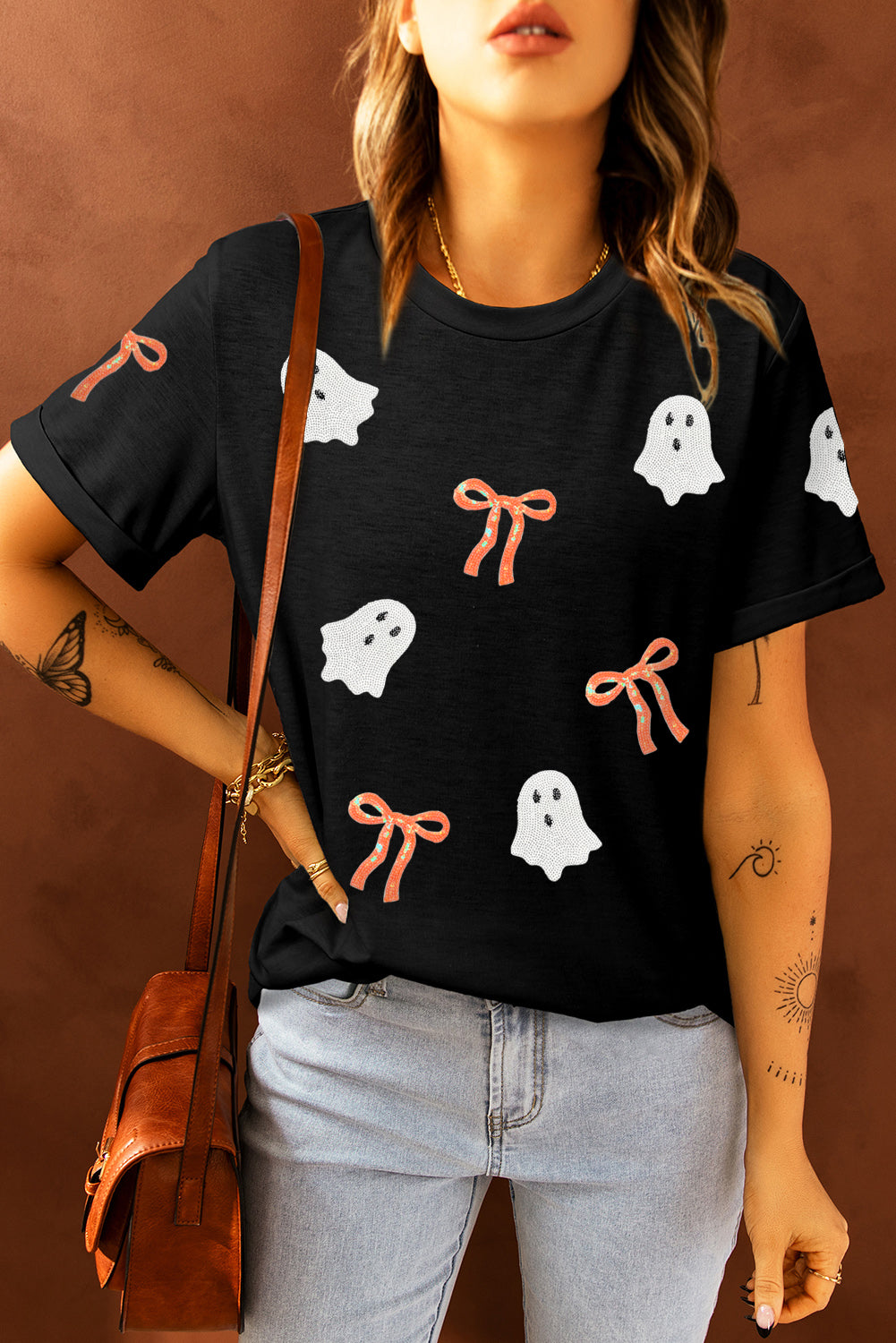 Black Bow Ghost Sequin Patched Halloween Graphic Tee 875ca26b545ce64d