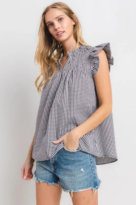 Ces Femme Plaid Notched Ruffled Cap Sleeve Blouse 87638f47-497a-47fa-a89c-b6a9536fd693-Max