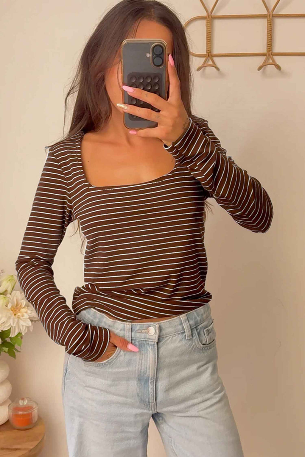 Brown Stripe Square Neck Long Sleeve Top 876400b1ccbd1d9a