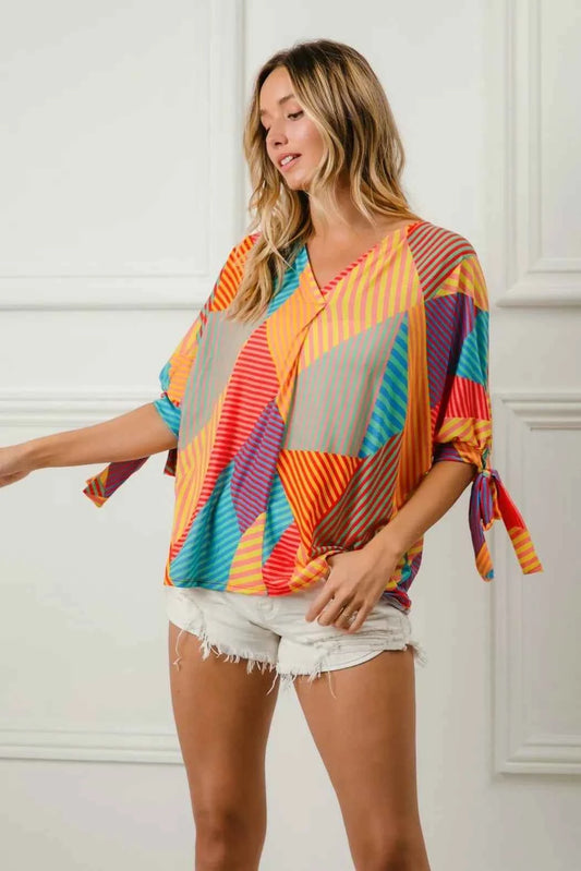 Multi Stripe Block Printed Jersey Blouse with Tied Sleeves 87695824e3ba451d9156714fa6bc3818-Max-Origin