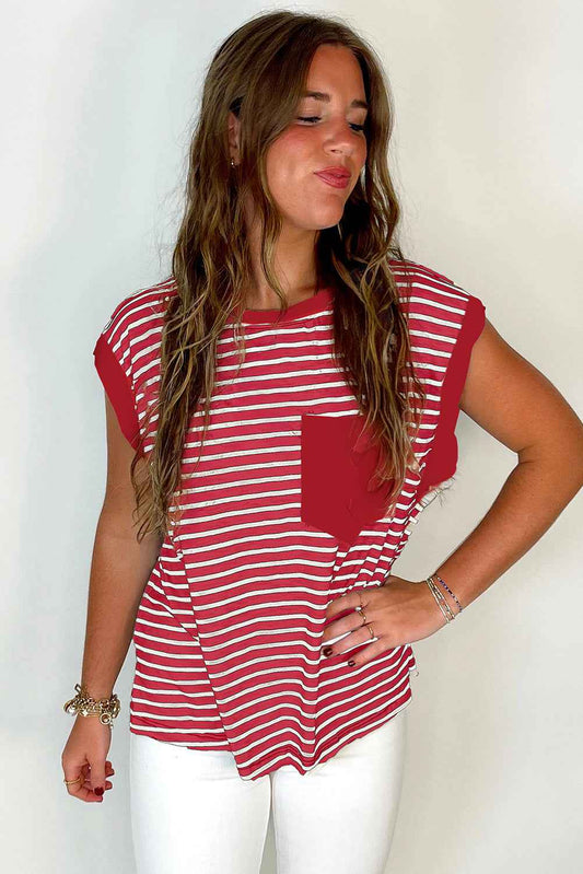 Red Stripe Chest Pocket Patch Round Neck Sleeveless Tee 876ad8a259765122