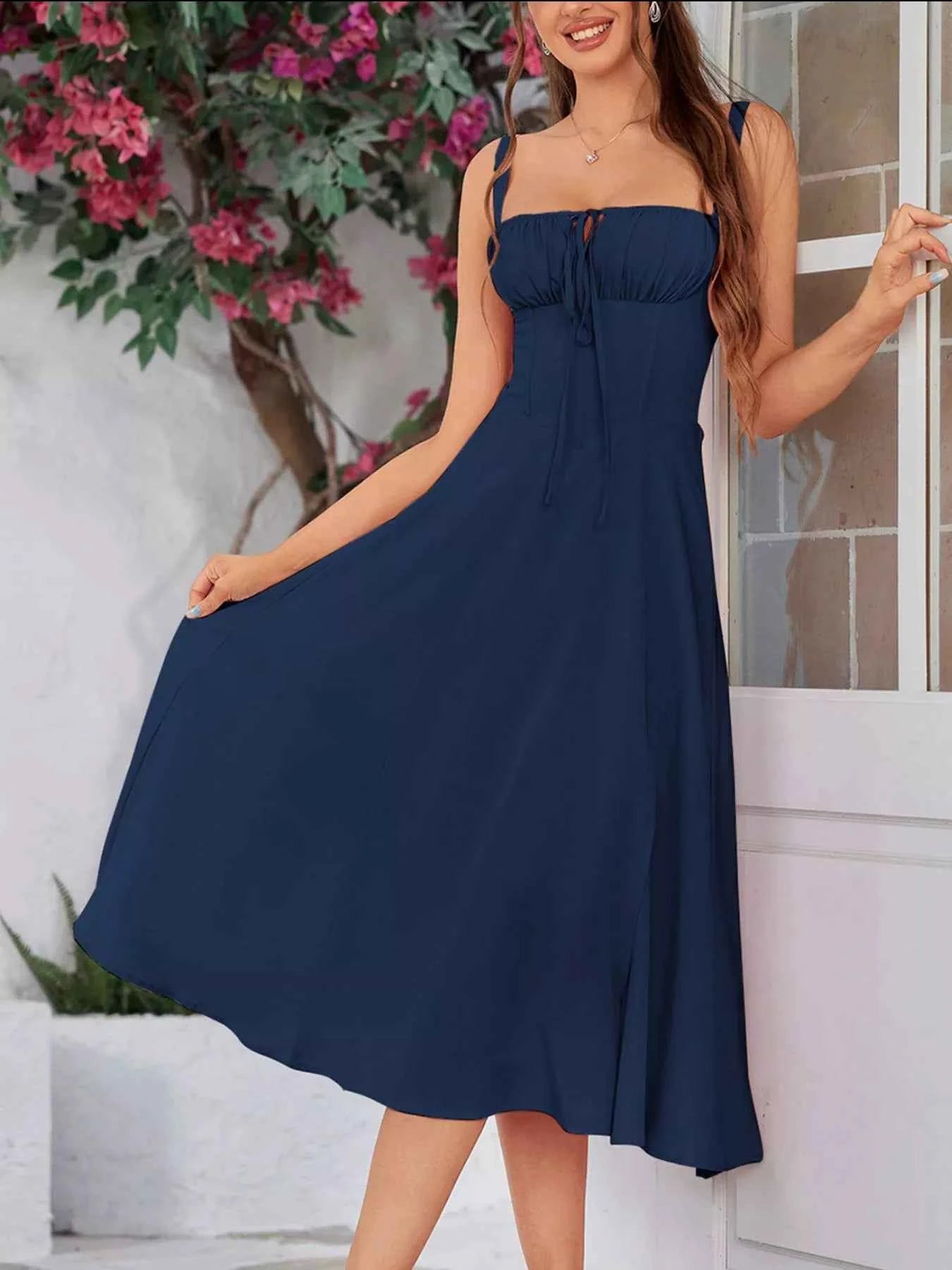 Tie-Front A-Line Midi Dress Navy Blue 876c9577-7eaa-4036-97d2-a94bc0685051-Max-Origin