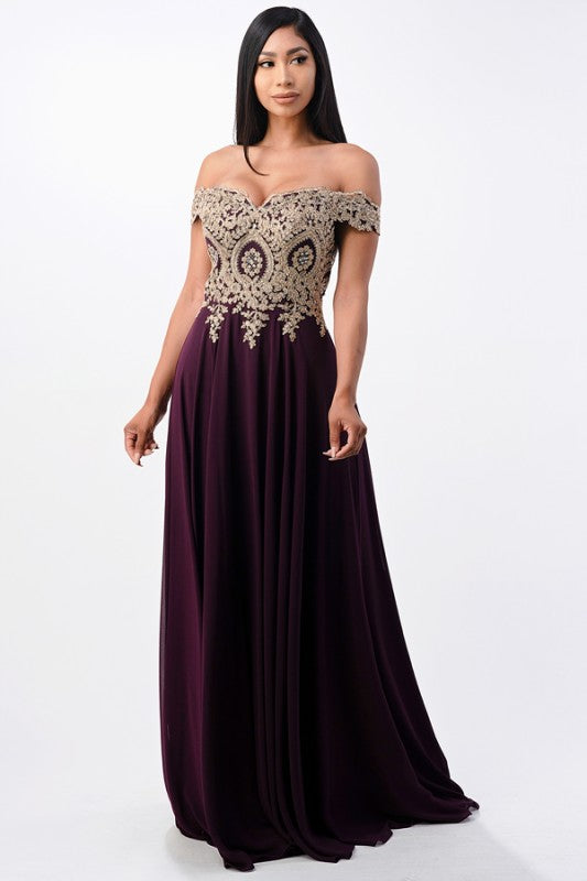 Off Shoulder Evening Gown – Gold Lace Appliqué Chiffon Dress for Women Eggplant 876d04d7-a9f5-4d62-8e8a-ff419b56ba19