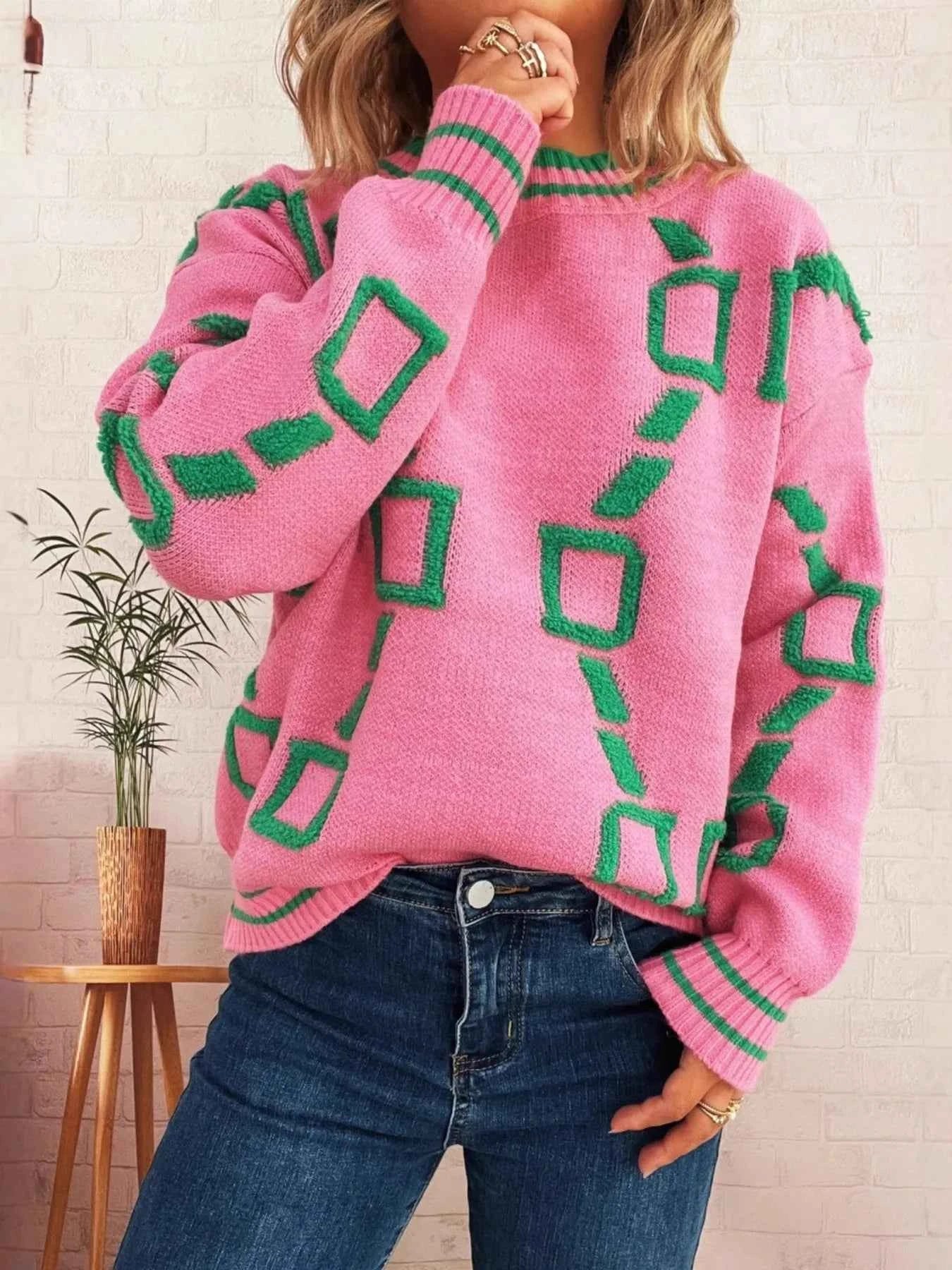 Contrast Round Neck Long Sleeve Sweater 87741c5310c54e37a55d4536aa485258-Max-Origin
