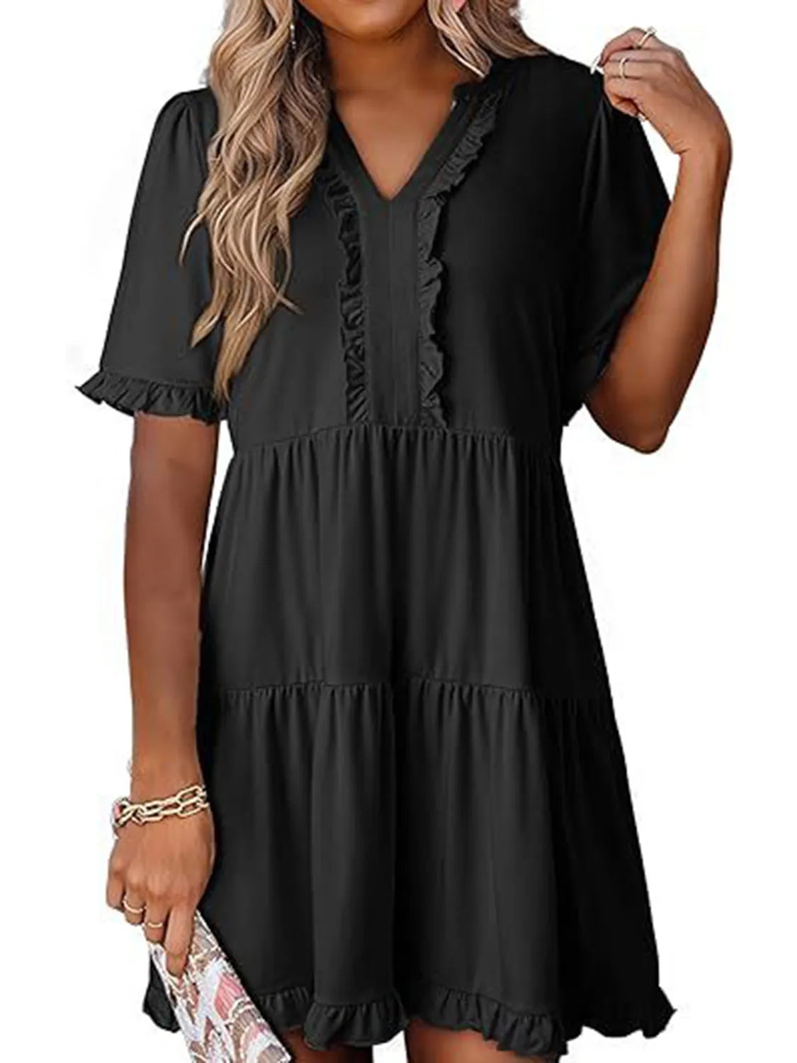 Tiered Notched Short Sleeve Mini Dress Black 8774e2f5-9850-44c4-ac11-e801d0fd617c-Max-Origin