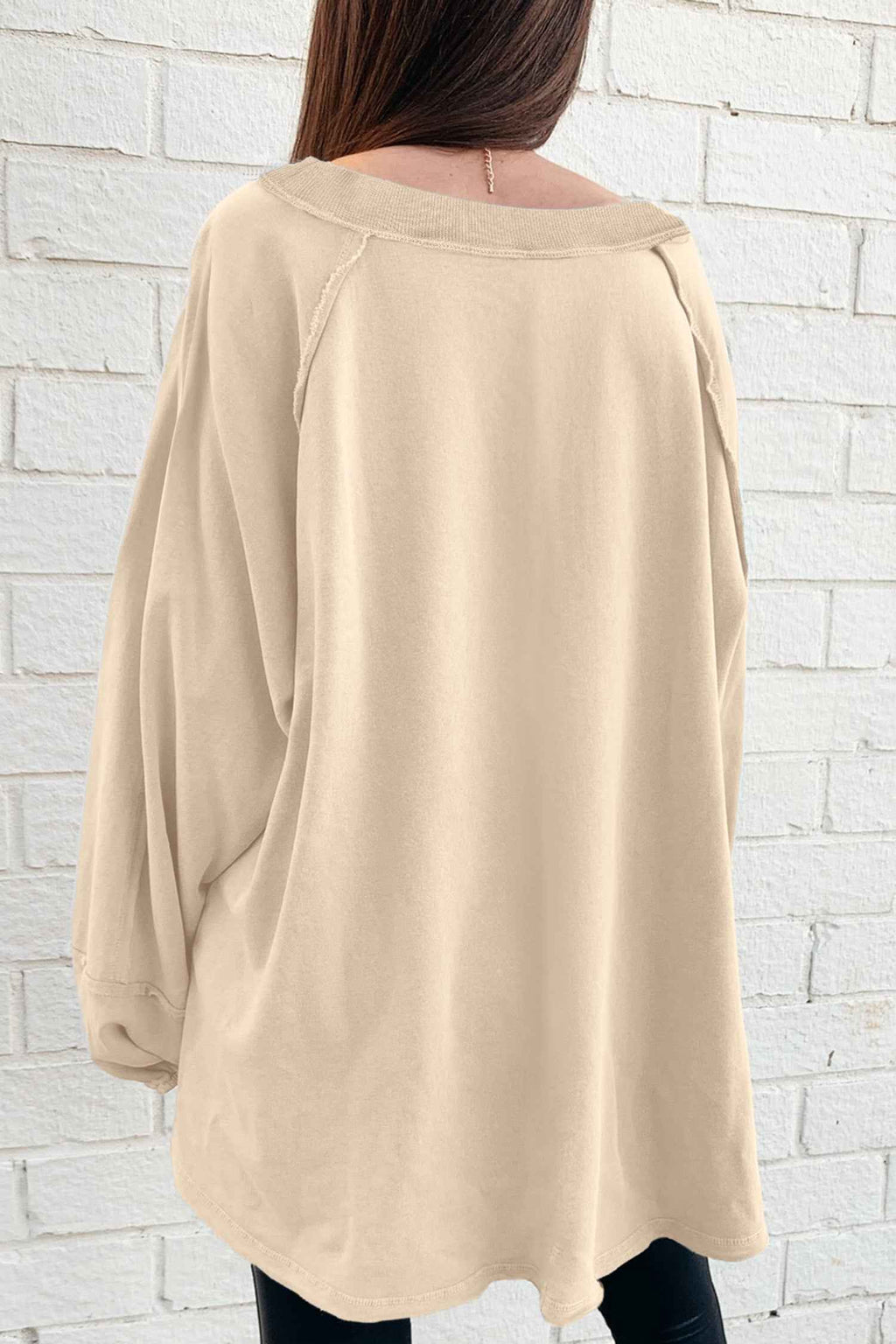 Beige Solid Color Raw Seam Patchwork Baggy Sweatshirt 877cf52814733d6a