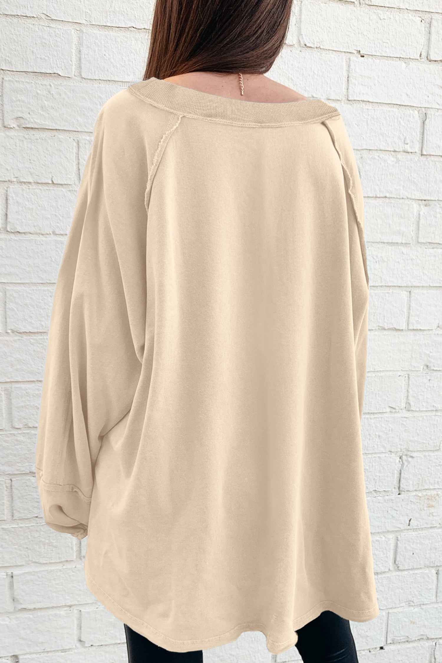 Beige Solid Color Raw Seam Patchwork Baggy Sweatshirt 877cf52814733d6a