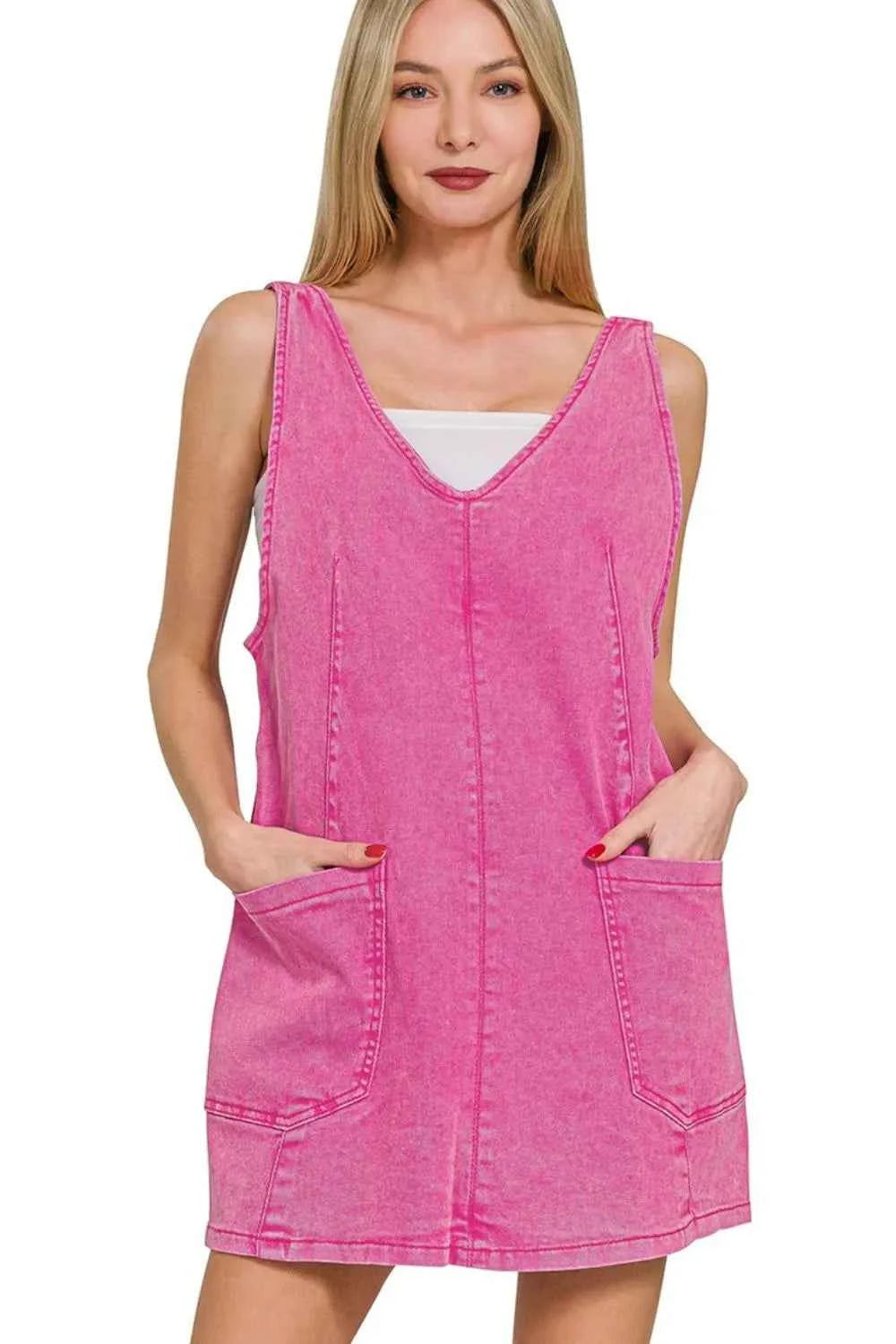 Zenana Washed Adjustable Strap Denim Overall Dress HOT PINK 877e5586-10fa-483a-a656-e8de870a9c77-Max-Origin