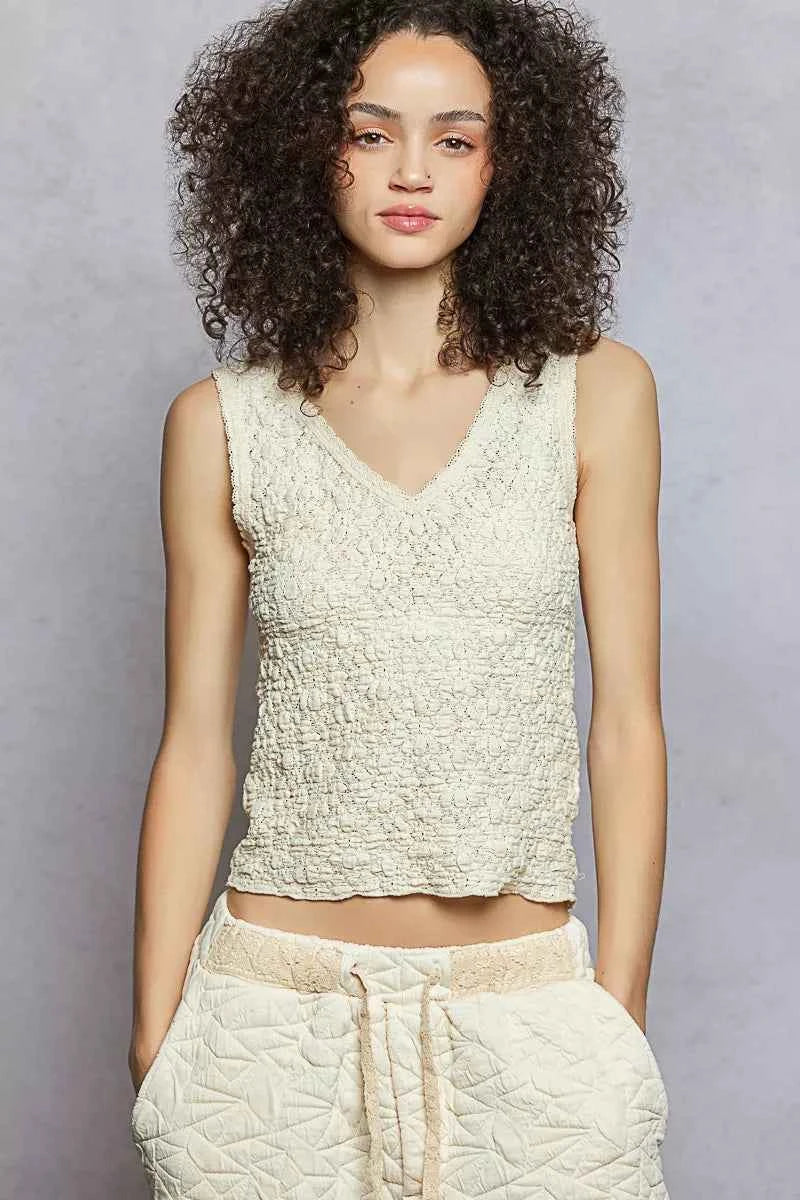 POL Textured Knit V-Neck Tank with Lace Trim CREAM 878413a8-92ed-4790-876d-029ed8117103-Max-Origin