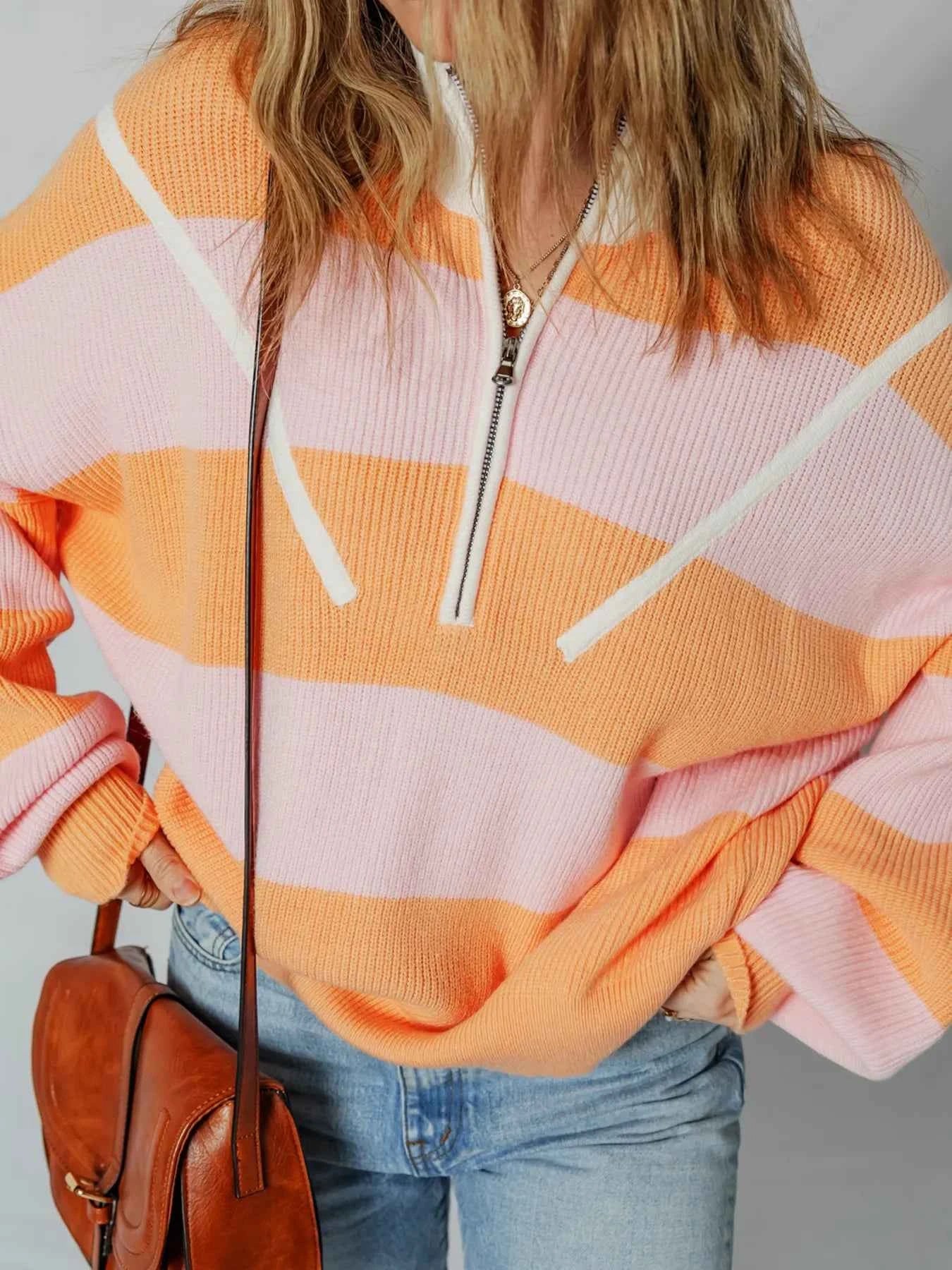 Stripe Color Block Half Zip Oversize Sweater 8785824dd24546fba1667456678d937d-Max-Origin
