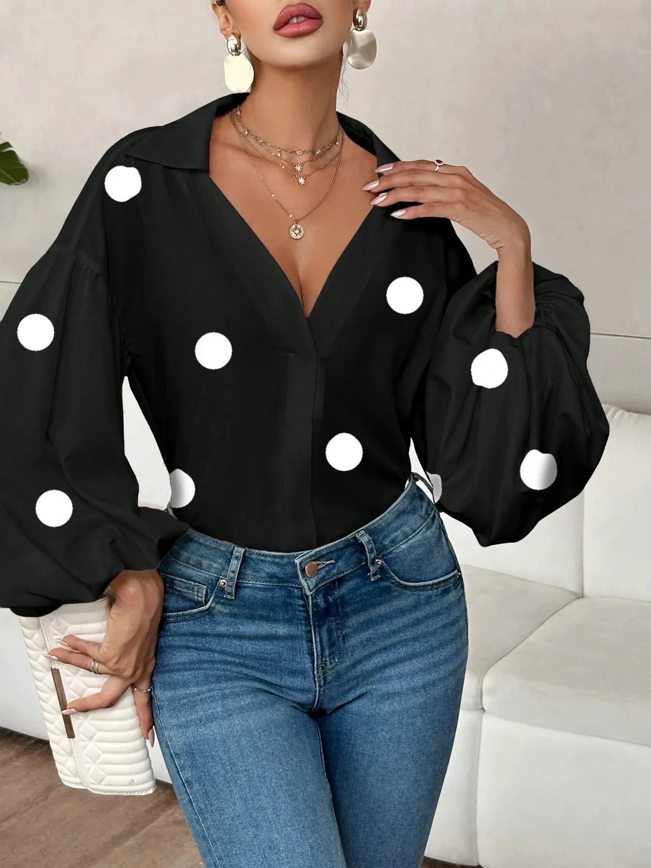 Polka Dot Balloon Sleeve Blouse 878768c8-67de-46af-bac1-fd4044caeaf1-Max-Origin