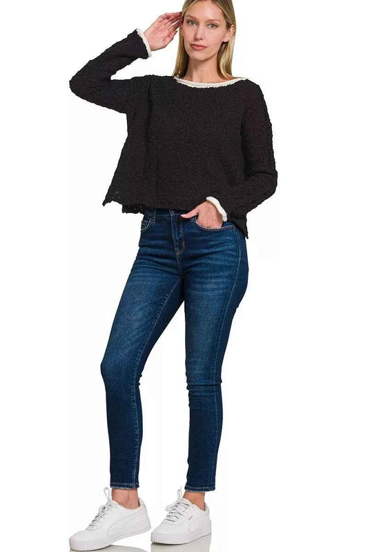 Contrast Trim Cropped Sweater 87884acc9b724ea1bd0596170f5d556f-Max-Origin