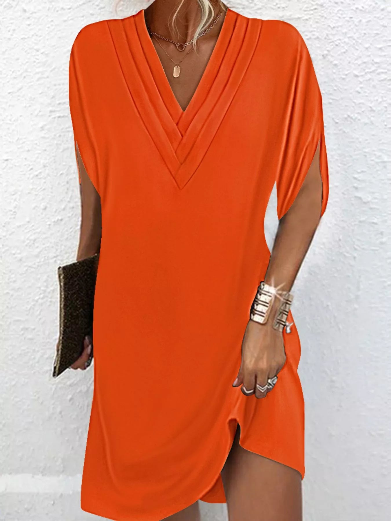 Full Size V-Neck Slit Sleeve Mini Dress Plus Size Orange 8788904f-bb94-4e05-8e7f-5cdfe9714aea-Max-Origin