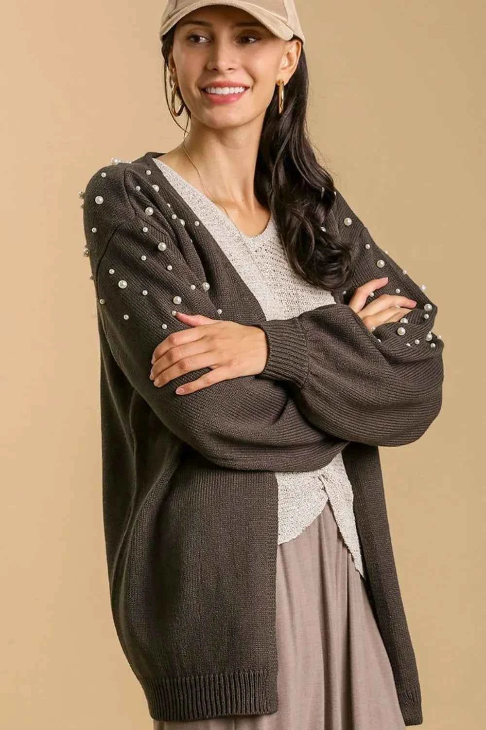 Umgee Full Size Open Front Cardigan with Long Sleeve Pearl Details Plus Size CHARCOAL 878cfecb-9886-4472-b87b-00dc35aec498-Max