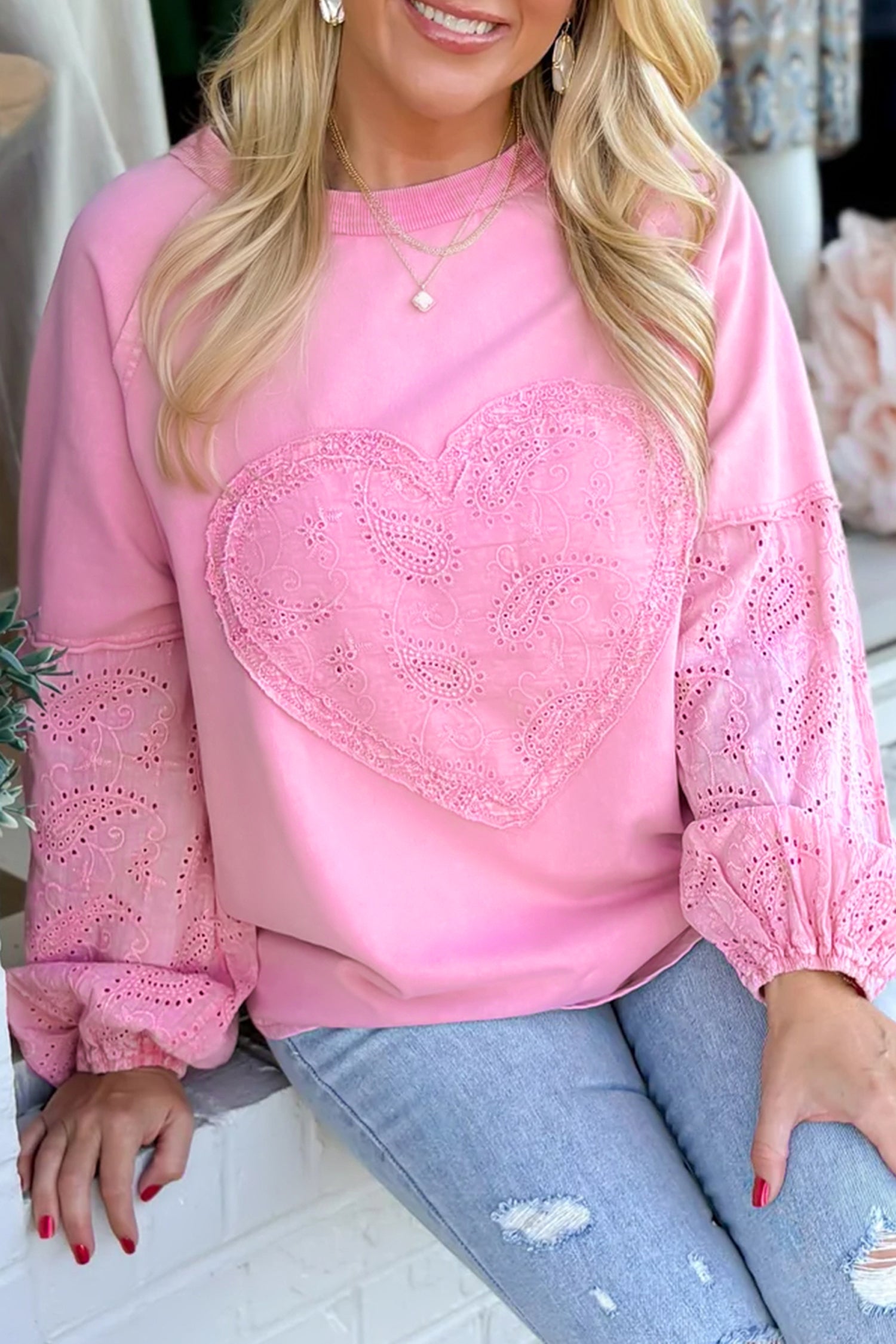 Pink Paisley Broderie Anglaise Valentine Heart Pattern Long Sleeve Patchwork Top Pink 75%Polyester+20%Cotton+5%Elastane 8793ebb522dcea22