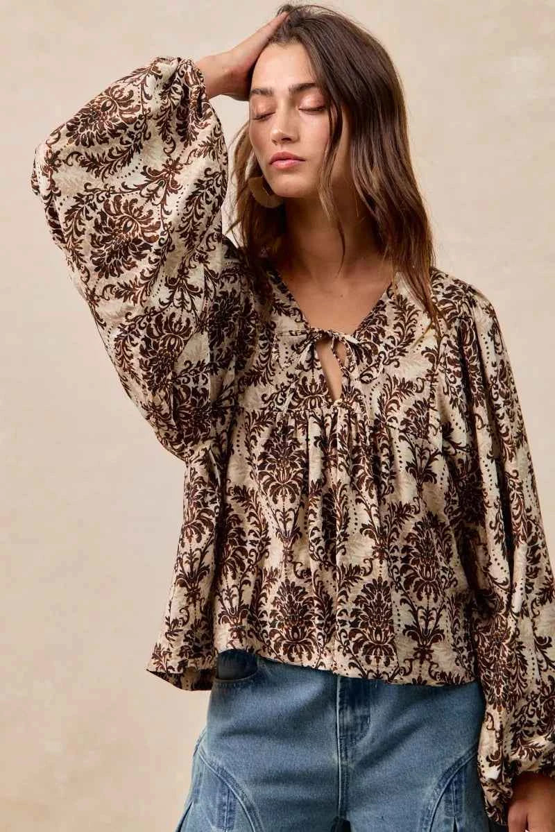 BiBi Printed Woven Front Tied Blouse with Baloon Sleeve 879481389a324fe5ac034e64c63f24d5-Max-Origin