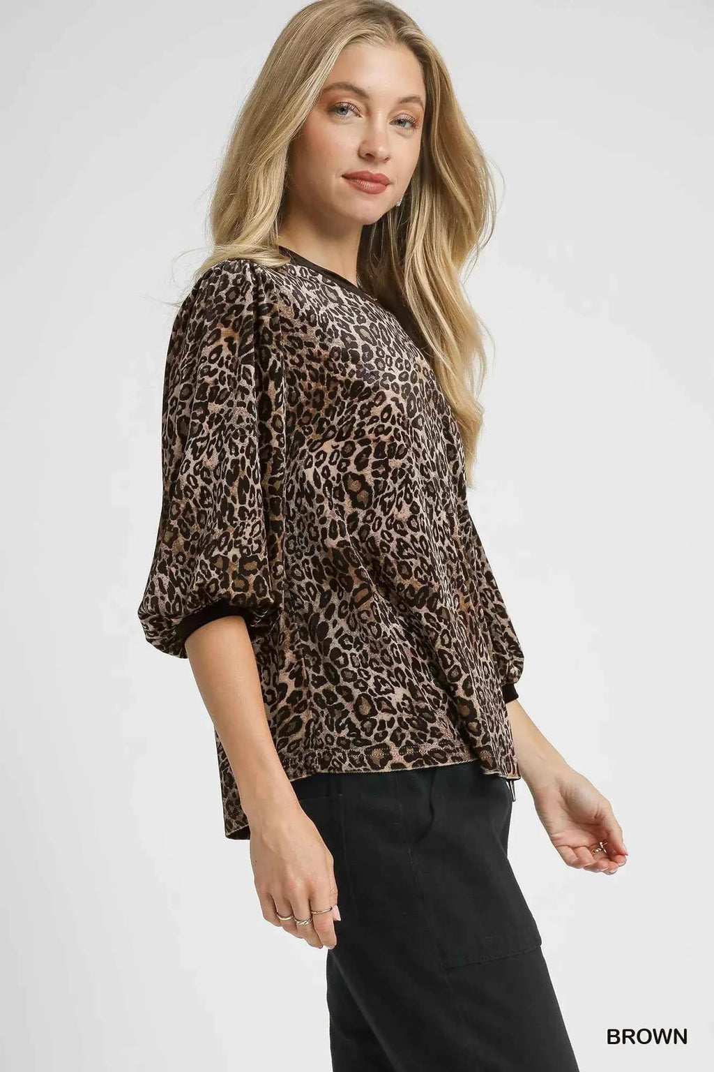 Umgee Leopard Round Neck Three-Quarter Sleeve Blouse 8794ab4a-13e0-4957-b209-3fff55b3a8cc-Max-Origin