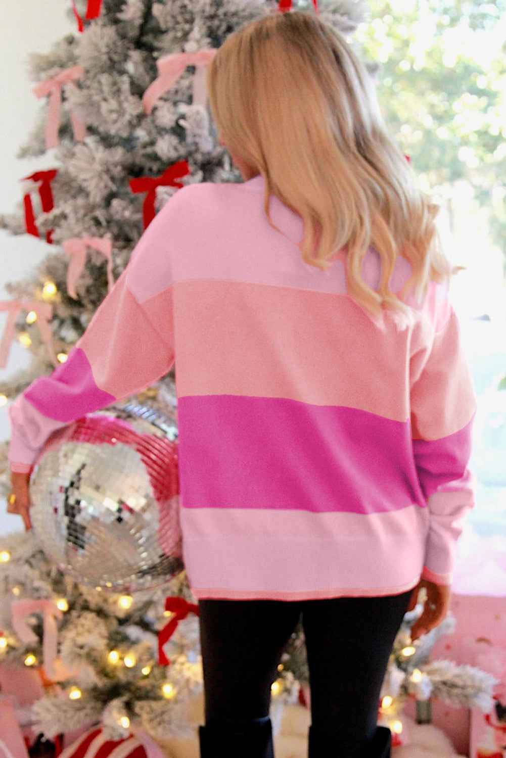 Pink HOLLY JOLLY Sequined Color Block Crew Neck Sweater 8794b68f6191dce3