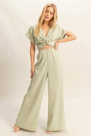 Twisted Front Short Sleeve Top and Wide Leg Pants Set Sage 87989b1e-8d74-4dca-8015-46b39712be13-Max