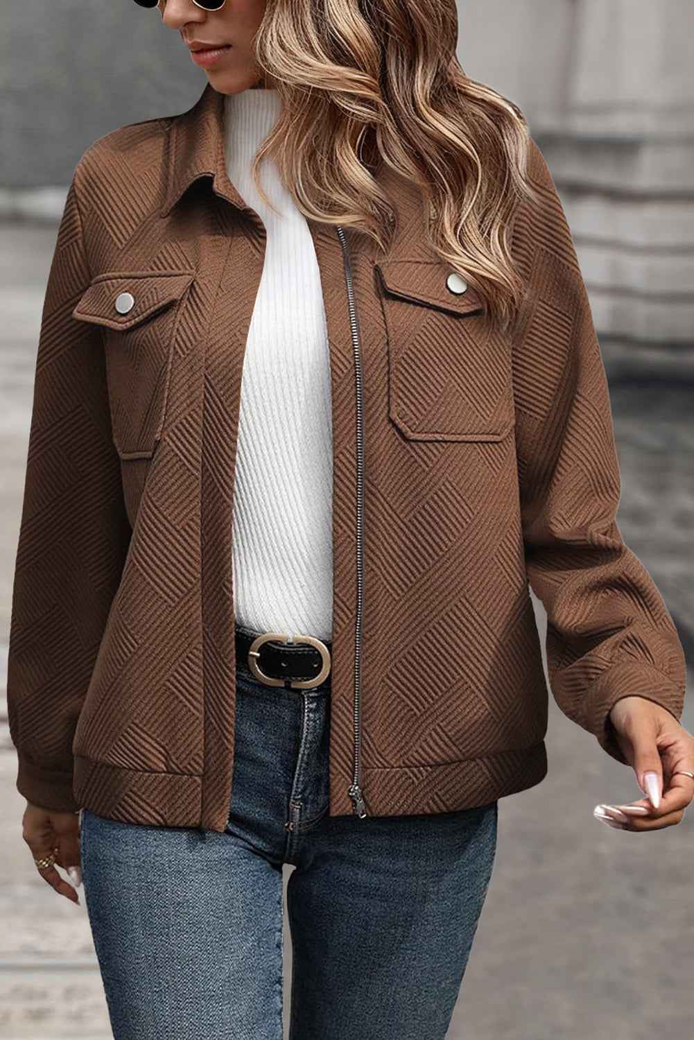 Blackish Green Solid Color Zip Up Button Flap Pocket Shirt Collar Jackets 879f3df87aac3b01