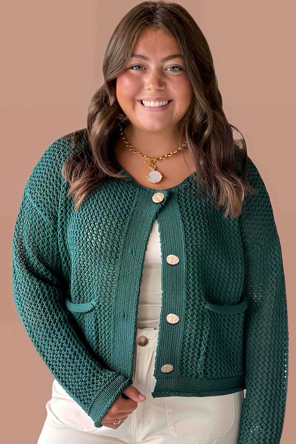 Blackish Green Plus Size Golden Accent Buttons Short Sweater Cardigan 879f9cd363b459e8