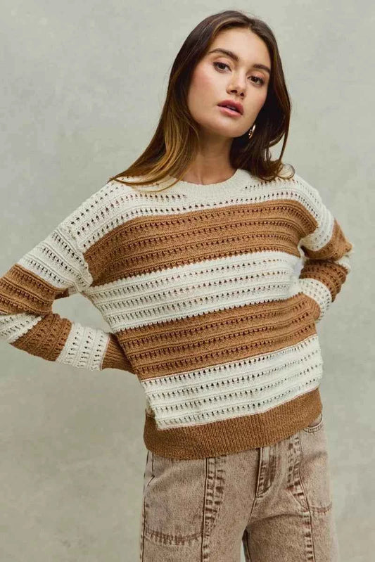 Openwork Round Neck Wide Stripe Textured Sweater 87a290aa4dfa4218bedcb84a2b14b9b2-Max-Origin