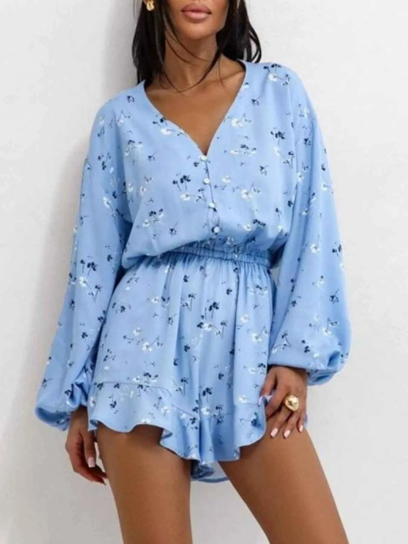 Floral V-Neck Long Sleeve Romper with Elastic Waist 87bc3ada-1395-40d2-b910-4969637cc6da-Max-Origin