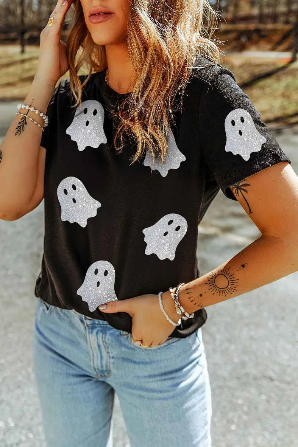 Glitter Ghost Round Neck Short Sleeve T-Shirt 87bd9a15-3207-406b-9b72-d031d3459ffd-Max