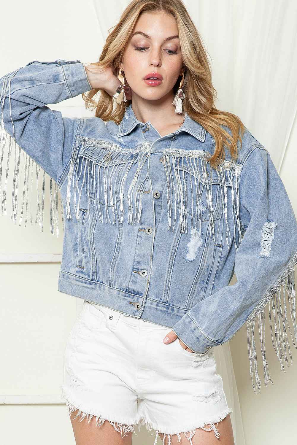 Blue Sequined Fringe Distressed Button Up Denim Jacket 87ce28e80841ce07