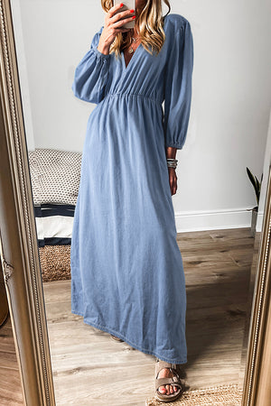 Myosotis Chambray Deep V Neck Bracelet Sleeve Maxi Dress Myosotis 100%Cotton 87ce4a28ff93e558