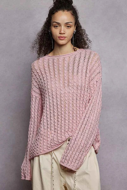 POL Openwork Round Neck Knit Top with Shiny Detail 87cefe21-d45a-450e-8268-e18b96b7298e-Max-Origin