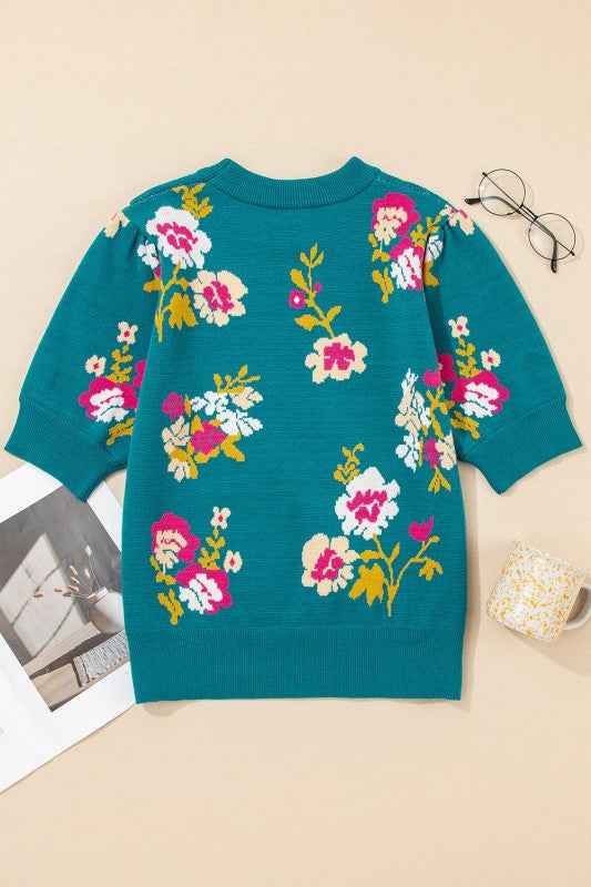 Floral Knit Crewneck Short Sleeve Top 87d8a677-075e-4374-904d-c7fe5d2e8033