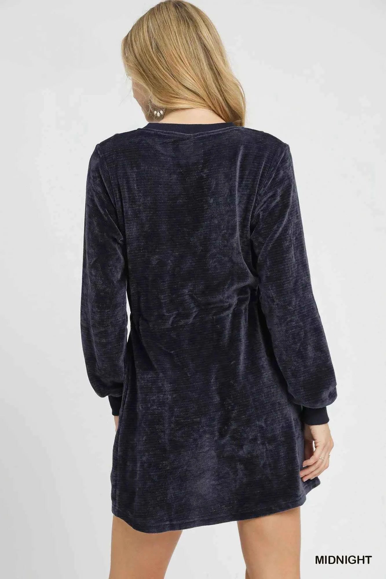 Umgee Velour Drawstring Mini Dress with Long Sleeves 87dbf370-46de-418f-82f3-e83a03eae3af-Max-Origin