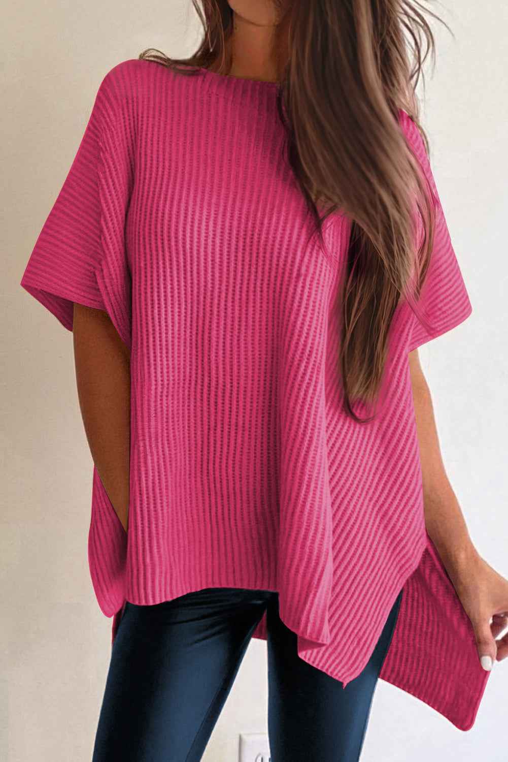 Rose Red Side Slit Short Sleeve Oversized Sweater Rose Red 55%Acrylic+45%Cotton 87dca3f73aa4afd4