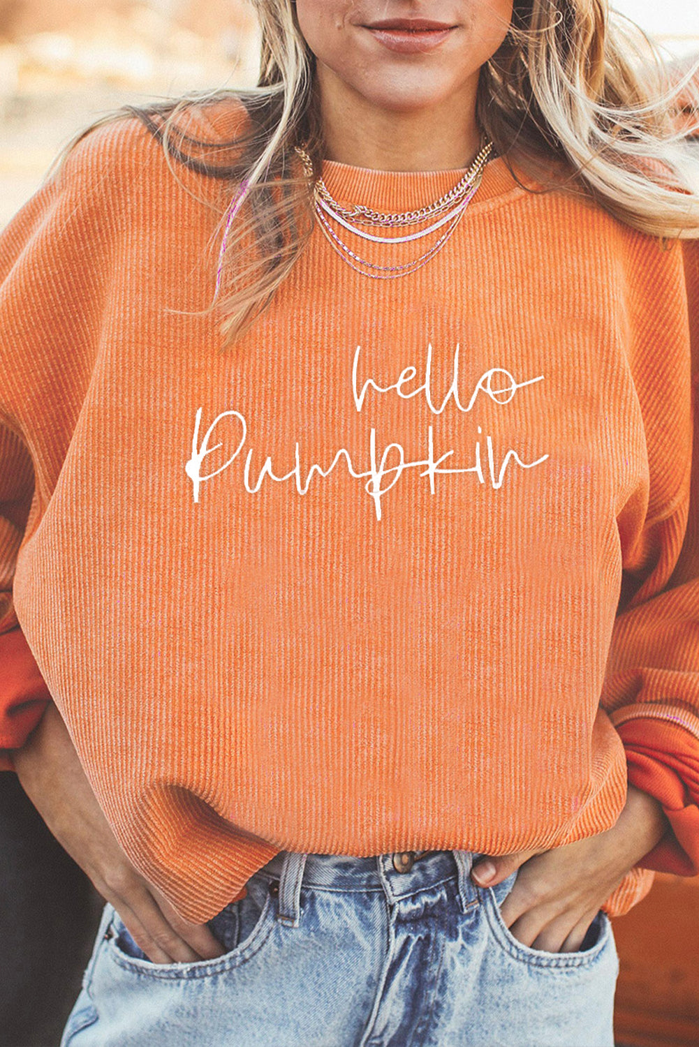Orange hello pumpkin Letter Embroidered Ribbed Texture Baggy Sweatshirt 87e158505f18d3c1