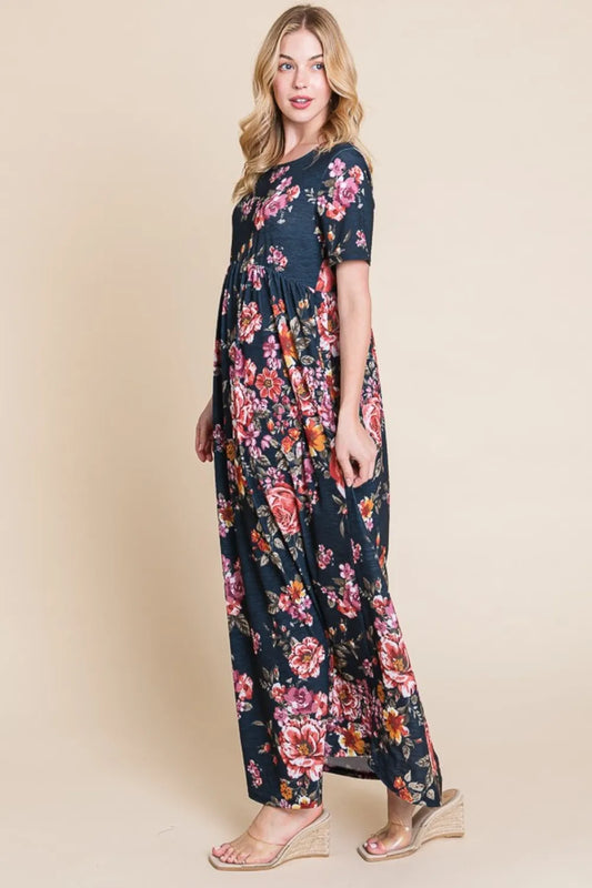 Shirred Floral Short Sleeve Maxi Dress - Flowy Silhouette 87e2f0db-19bf-452f-b66a-a258603584f2-Max