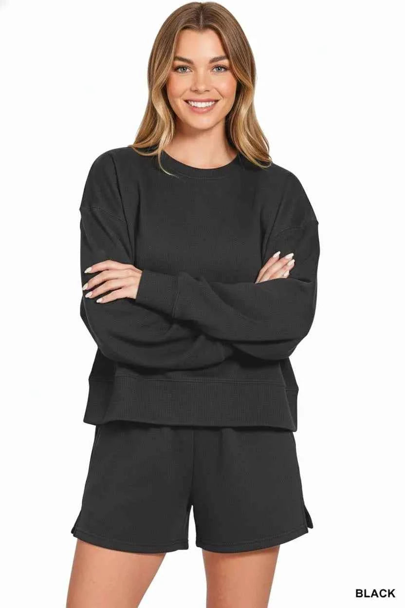 Zenana Fleece Round Neck Sweatshirt and Shorts Set 87ee9f83-96bd-4ec2-8dc6-2f1331b4db1e-Max-Origin