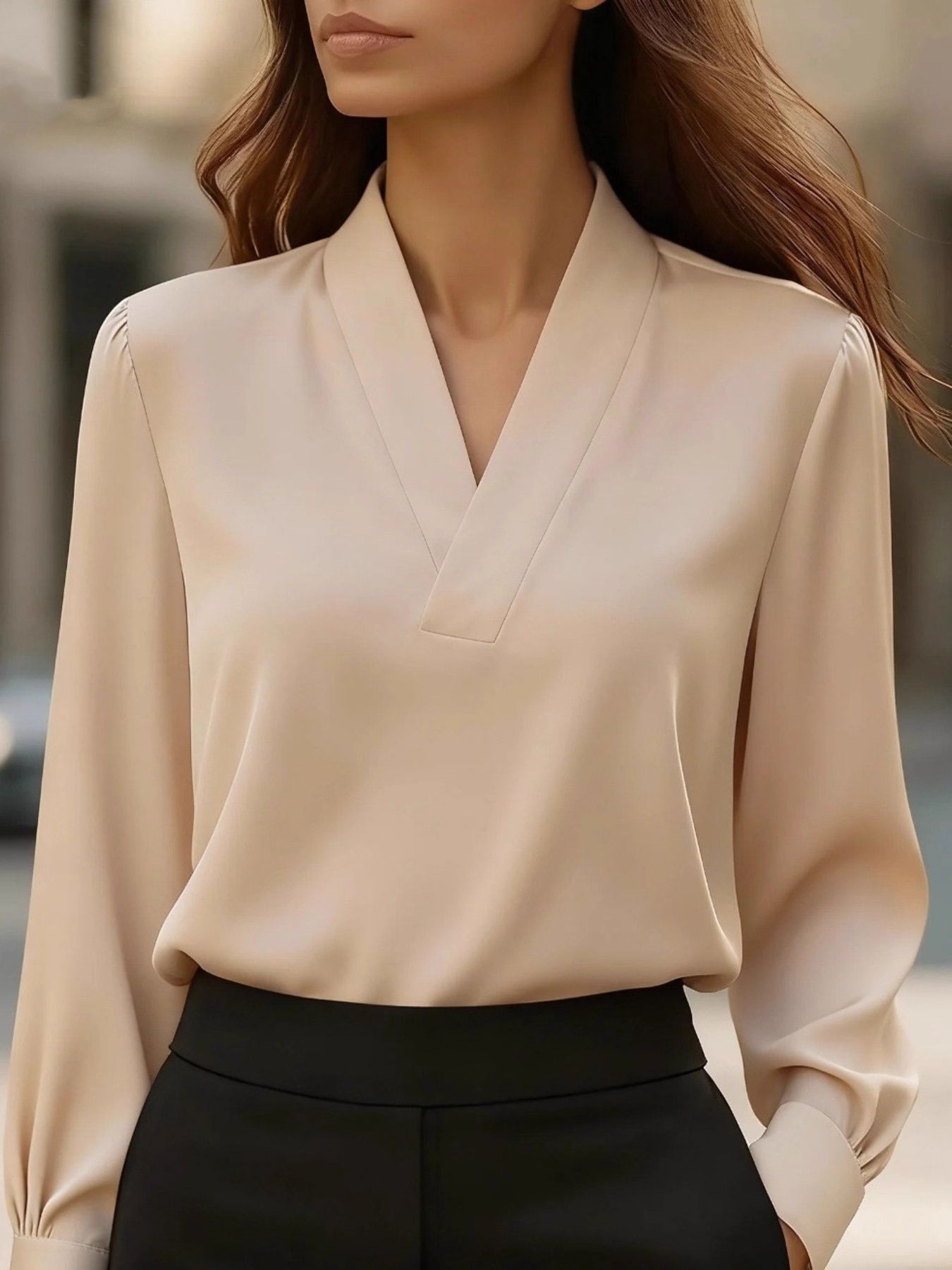 V-Neck Long Sleeve Satin Blouse Khaki 87efc217-e5d4-4ba7-bad9-cb3c05531620-Max