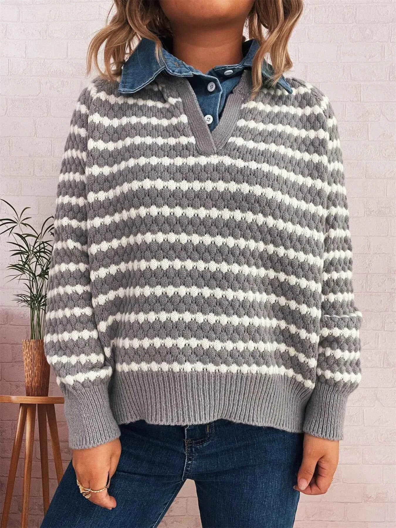 Contrast Striped Sweater with Denim Collar 87f2db4fdc444d4dbc5853de9bddefd5-Max-Origin